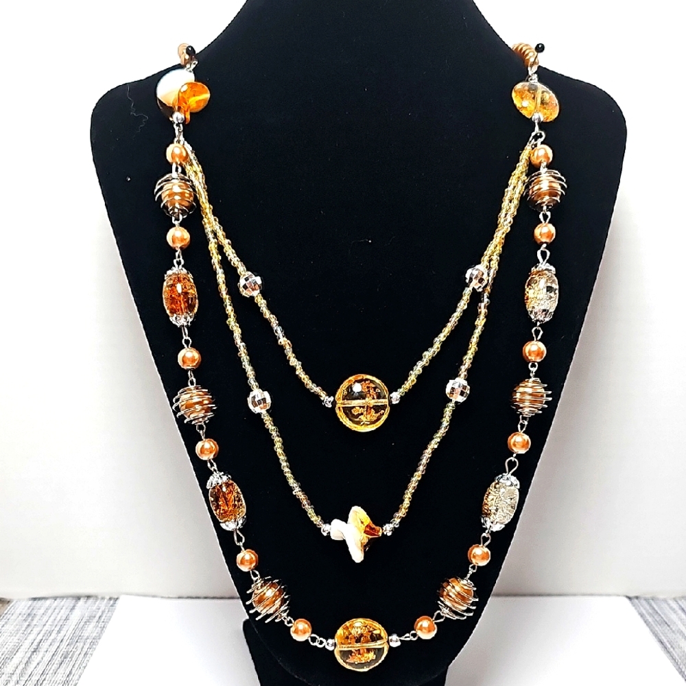 Vintage Gold-Champagne Art & Dichroic Glass Multi-strand Necklace